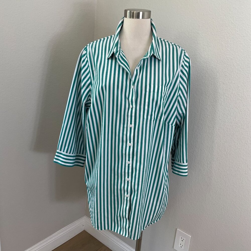 Lands End Womens Plus 18W No Iron Supima Cotton Green White Striped Shirt Blouse